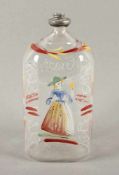 SCHNAPSFLASCHE, farbloses Glas, schauseitig zuprostende Dame in polychromer Emailmalerei, verso