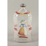 SCHNAPSFLASCHE, farbloses Glas, schauseitig zuprostende Dame in polychromer Emailmalerei, verso