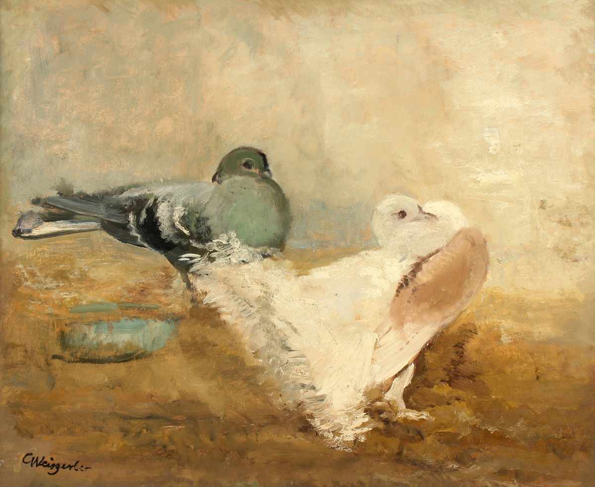 WEISGERBER, Carl (1891-1968), "Taubenpaar", Öl/Platte, 48 x 59, unten links signiert, R. - Image 2 of 3