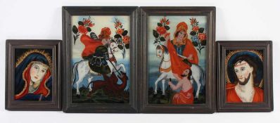 VIER VOTIVBILDER, polychrome Hinterglasmalereien, Darstellungen von Maria und Christus, 14 x 10