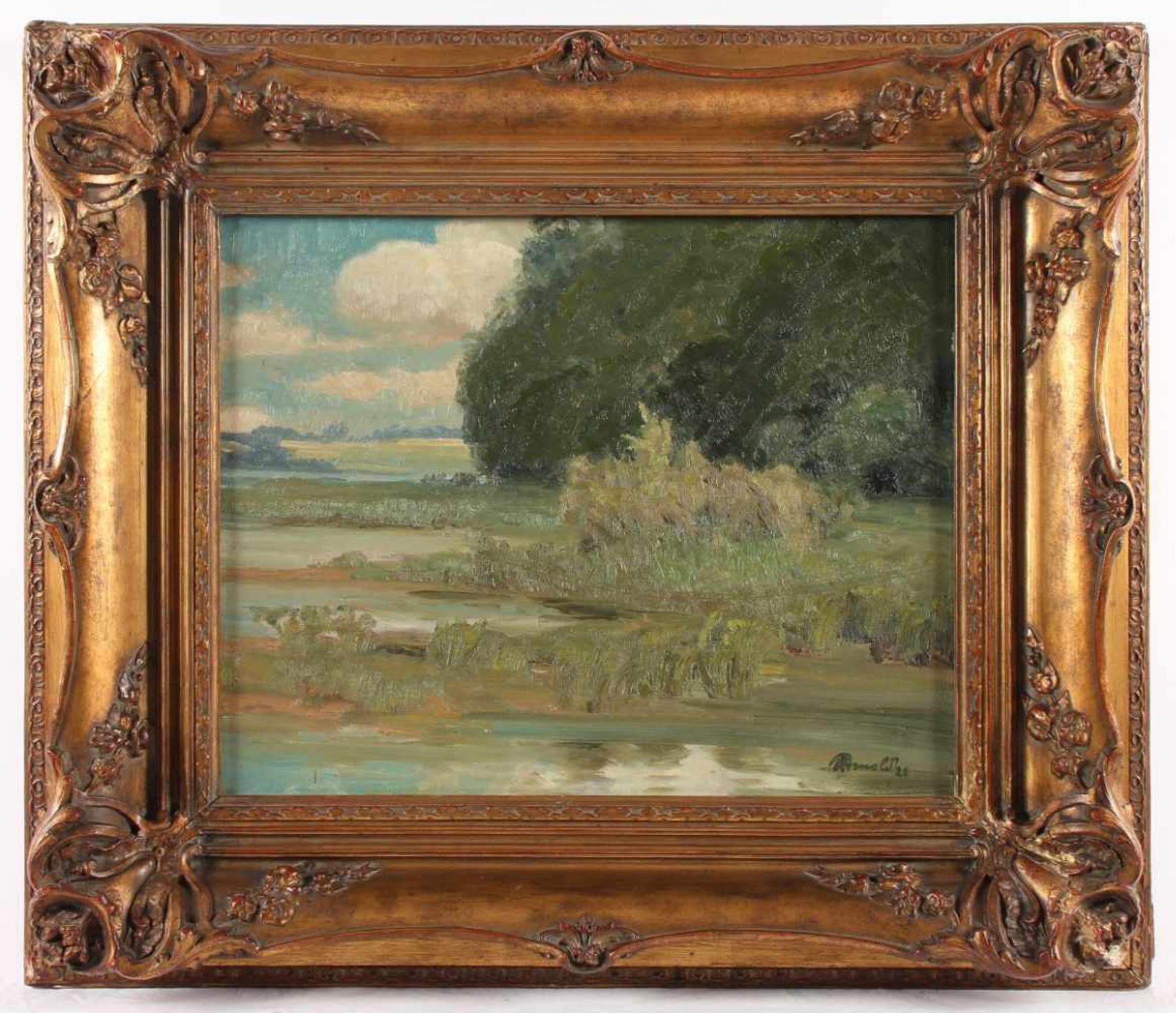 ARNOLD (Maler um 1930), "Uferlandschaft", Öl/Lwd., 41 x 50,5, unten rechts signiert und "28"