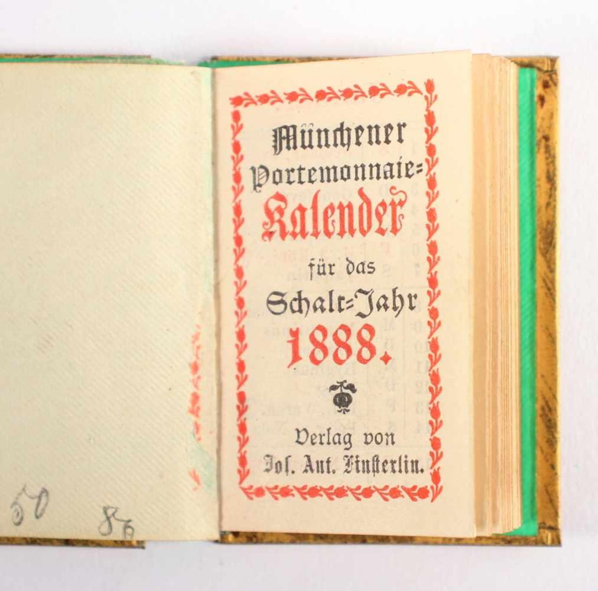 MÜNCHENER PORTEMONNAIE-KALENDER, vergoldeter Metalleinband, graviert, Goldschnitt, Verzeichnis von - Bild 2 aus 2