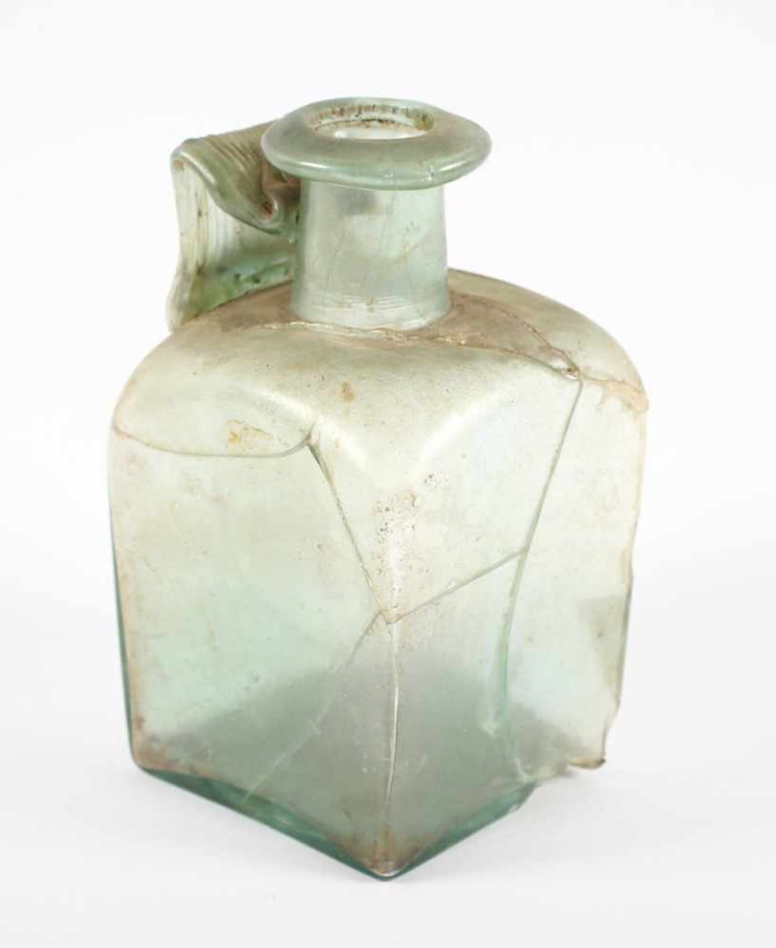 FLASCHE, grünes Glas, rest. und besch., RÖMISCH, ca.2.-3.Jh.n.Chr. Provenienz: Privatsammlung Aachen