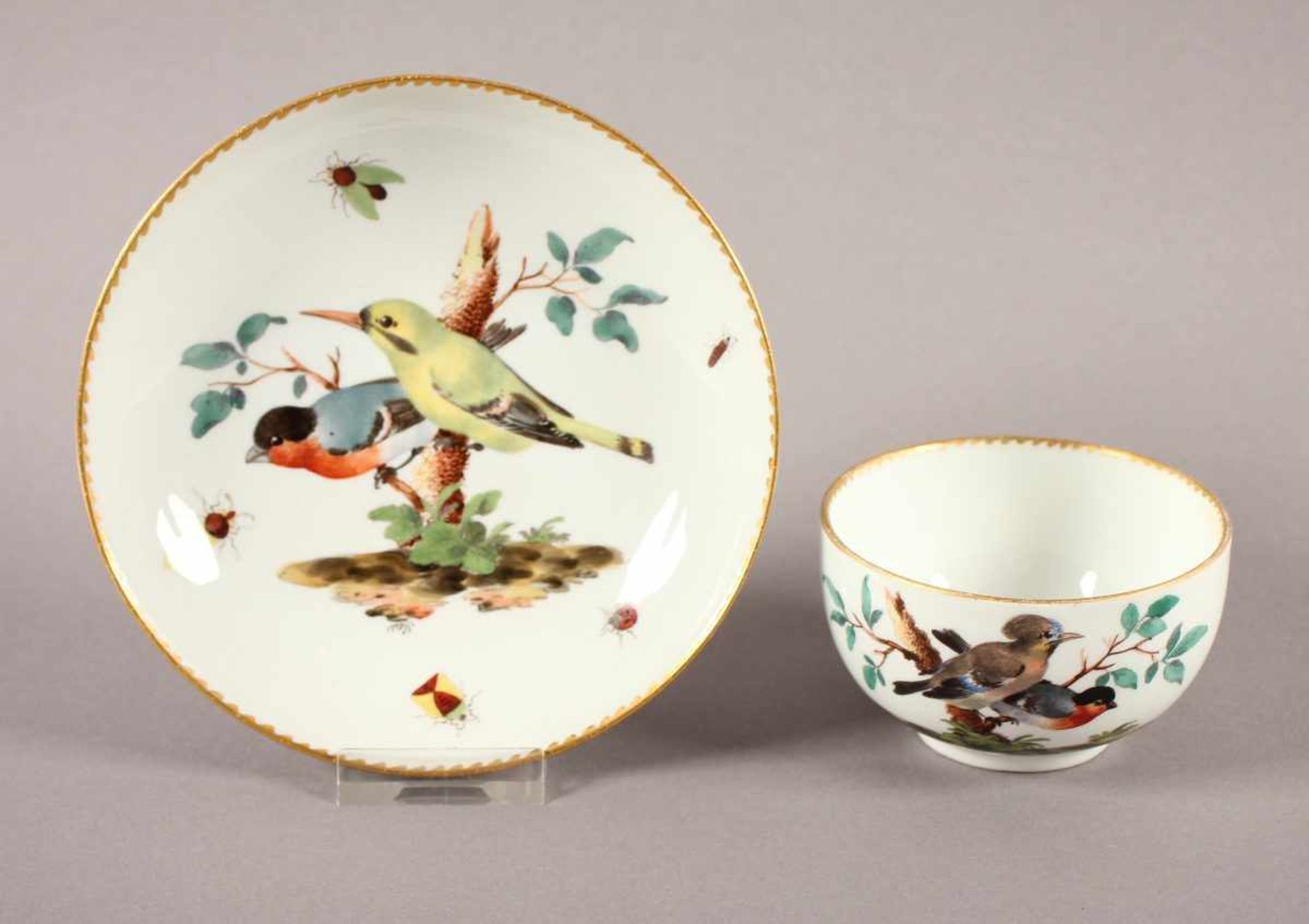 TEETASSE MIT UNTERTASSE, polychrom bemalt, Vogel- und Insektendekor, Goldzahnkante, Tasse H 5,