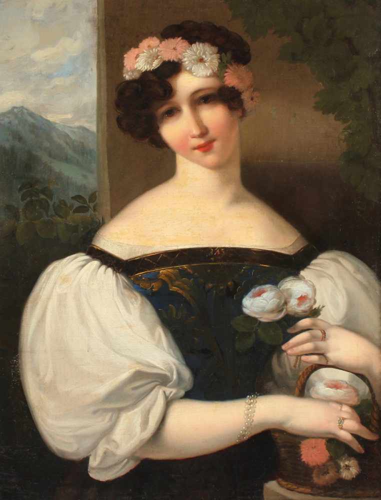 LIEDER, Johann Friedrich Gottlieb (1780-1859), zugeschrieben, "Bildnis einer Frau mit Blumen", Öl/