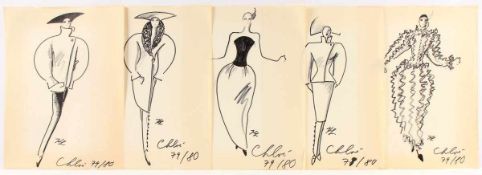 LAGERFELD, Karl, 5 Original-Modezeichnungen, Filzstift und Kohle/Papier, jeweils 40 x 29,5,