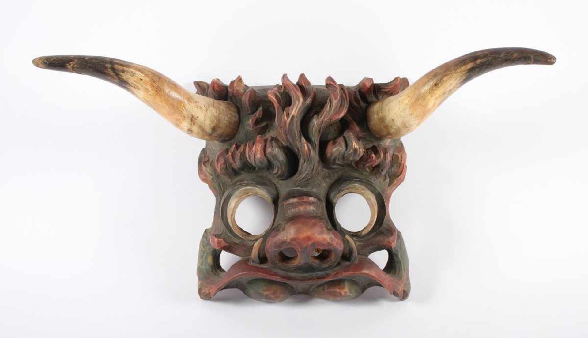 TIROLER FASNACHTSMASKE, Holz, geschnitzt und polychrom gefasst, Horn, H ca. 25, TIROL, um 1900