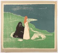 MUNCH, Edvard, nach, "Zwei Figuren am Strand", Farbholzschnitt oder Lithografie, 47 x 53, Einriss,