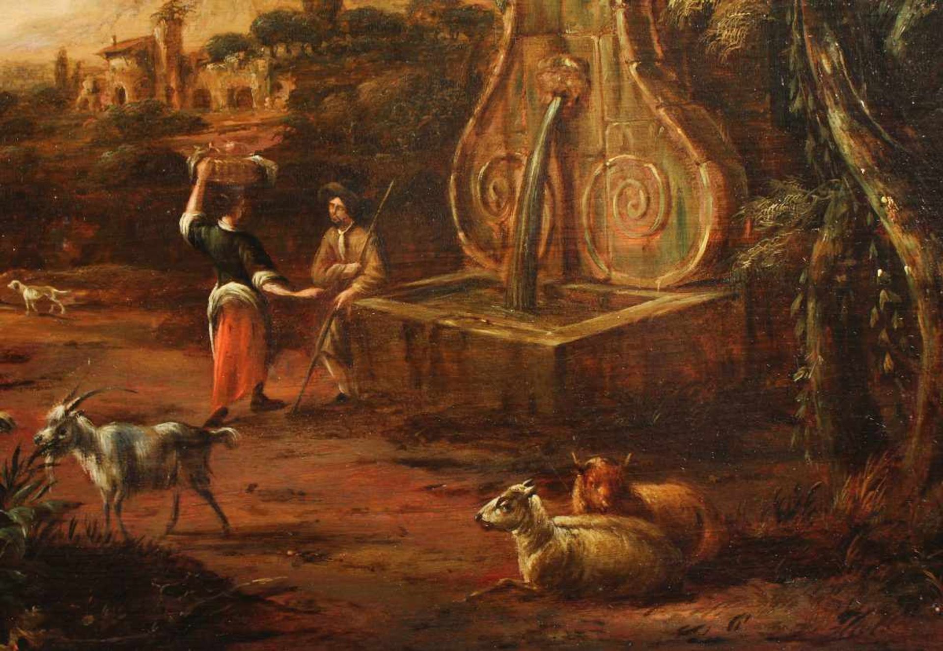 FLÄMISCHER MEISTER DES 17.JH., "Arkadische Landschaft mit Brunnen und Figurenstaffage", Öl/Holz, - Bild 4 aus 7