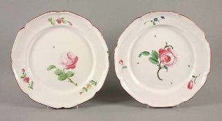 ZWEI TELLER, Fayence, polychrom glasierter Blumendekor, brauner Randstreifen, Dm 24,5, min.besch.,