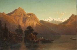 SCHULTEN, Arnold (1809-1874), "Alpensee mit Booten und Figurenstaffage", Öl/Lwd., 31 x 45, unten