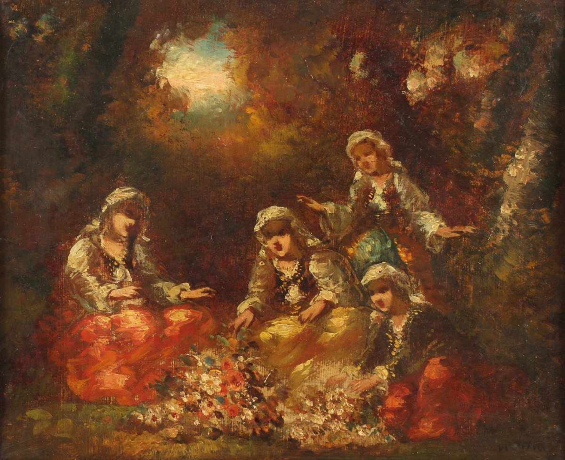 DIAZ DE LA PENA, Narcisse Virgile (1807-1876), zugeschrieben, "Vier Frauen im Park", Öl/Lwd., 22,5 x