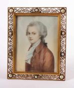 MINIATUR, Brustportrait Wolfgang Amadeus Mozart, polychrome Malerei auf Elfenbein, 8 x 6, undeutlich