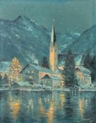 THÄKER (Maler Mitte 20.Jh.), "Weihnachtliche Dorfansicht in den Alpen", Öl/Hartfaser, 30,5 x 23,5,