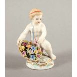 PUTTO MIT BLUMENKORB, polychrom und gold staffiert, H 8, minst.best. u. rest., Modellnr. B 50,