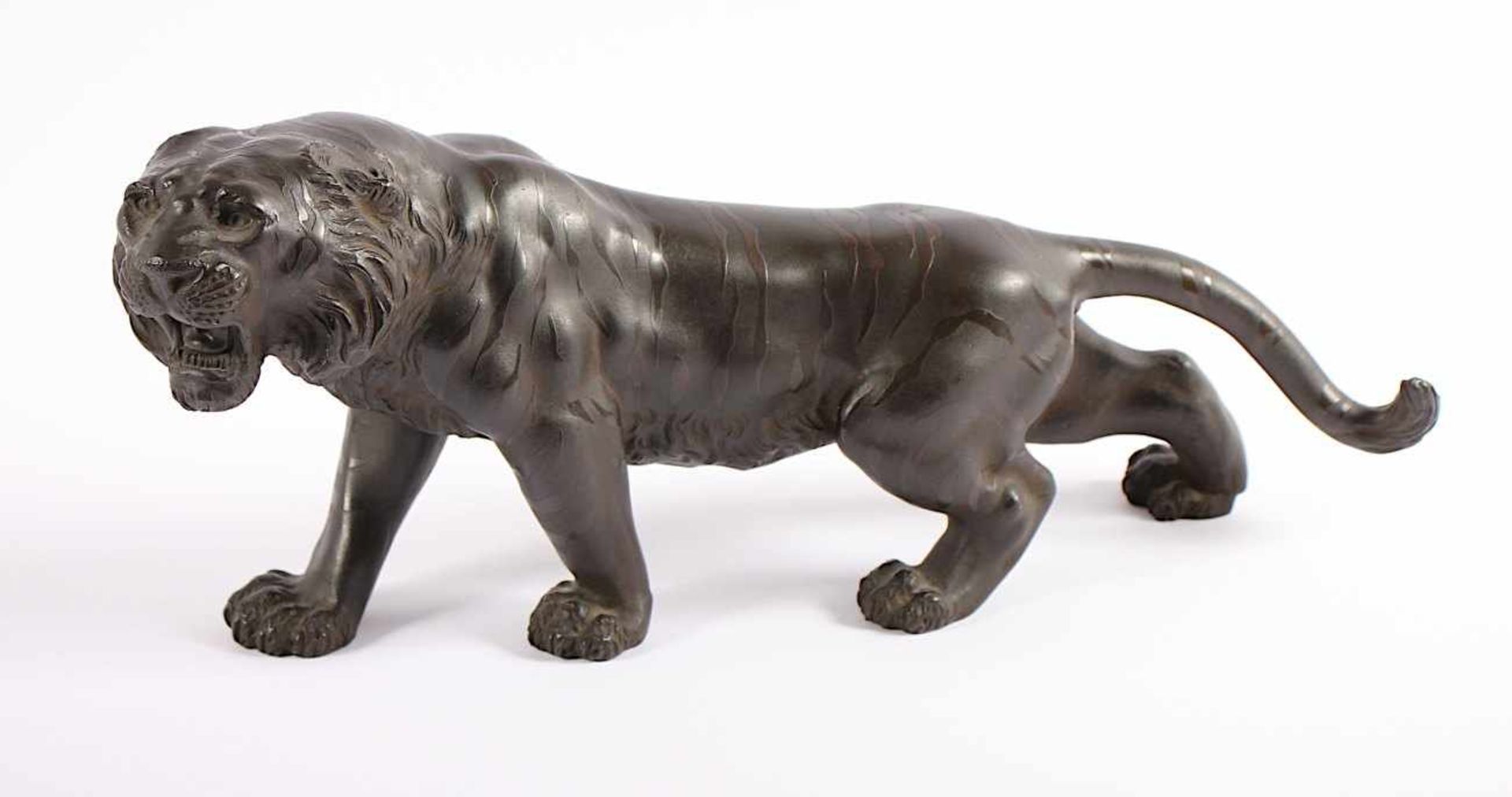 TIGER, Bronze, schwarzbraun patiniert, Fellstreifen glänzend, L 35, JAPAN, Meiji