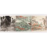 DREI MALEREIEN, Farbe und Tusche auf Papier, Landschaften, Siegel, je 34,5 x 34,5