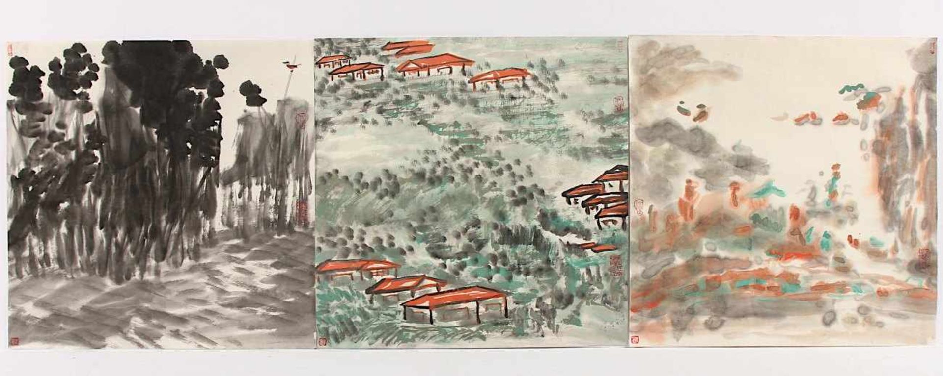 DREI MALEREIEN, Farbe und Tusche auf Papier, Landschaften, Siegel, je 34,5 x 34,5