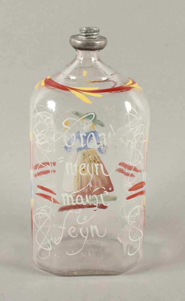 SCHNAPSFLASCHE, farbloses Glas, schauseitig zuprostende Dame in polychromer Emailmalerei, verso - Image 2 of 3