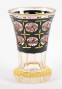 RANFTBECHER, farbloses Glas, Schliffdekor, partiell gelb gebeizt, polychromer Blumendekor,