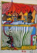 HUNDERTWASSER, Friedensreich, "Häuser im Schnee + Silberregen", Farboffset, 29 x 19, R.