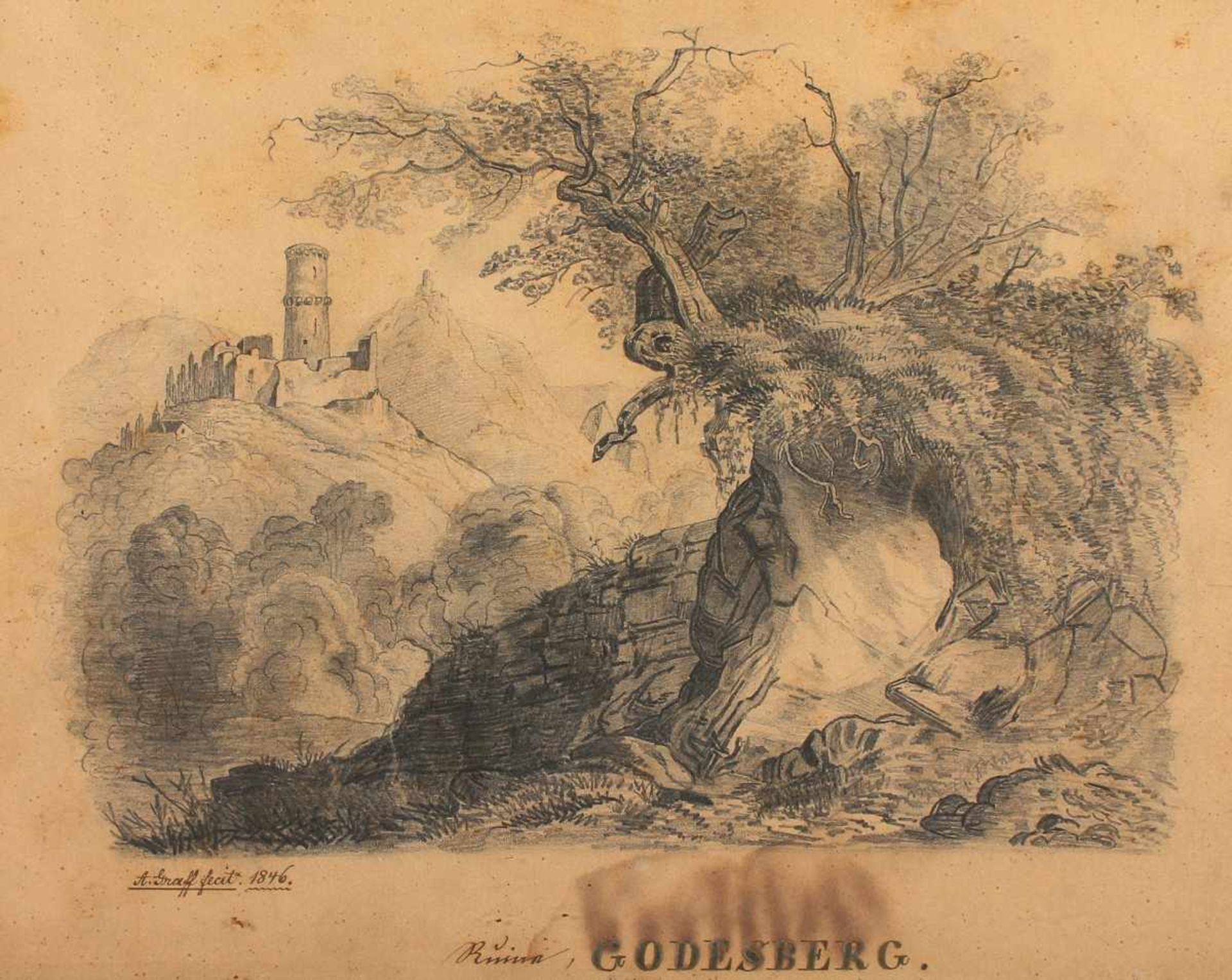 GRAFF, A. (Bonner Zeichner 1.H.19.Jh.), "Ruine Godesberg", Bleistift/Papier, 16,5 x 22, besch.,