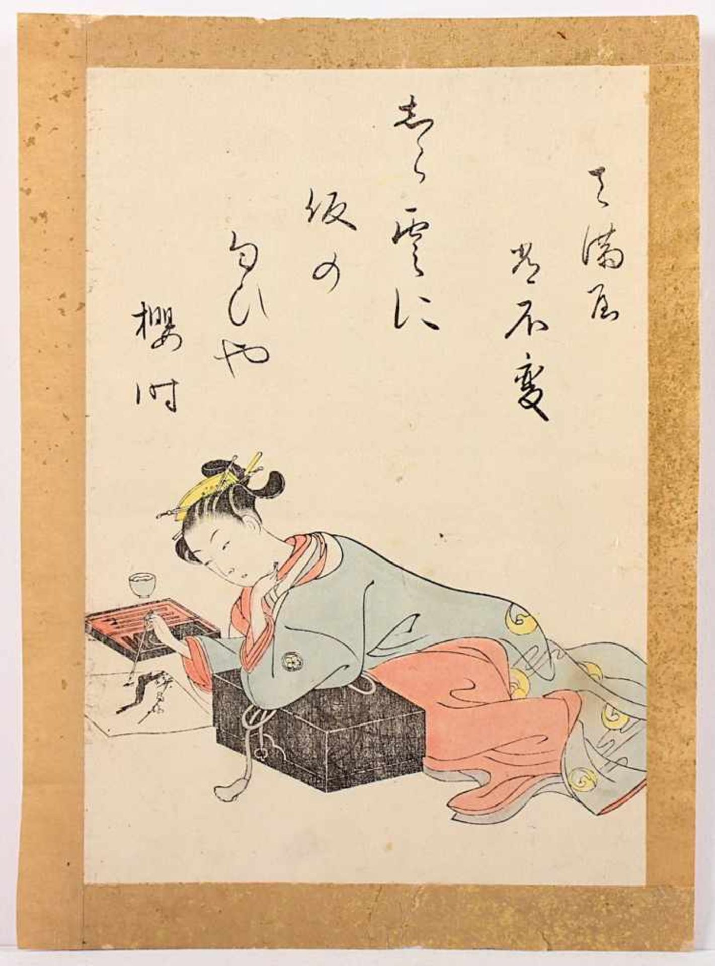 FARBHOLZSCHNITT, Suzuki HARUNOBU (1724/25-1770), "Kirschblütenzeit", Schönheit beim Zeichnen, 21 x - Bild 2 aus 2