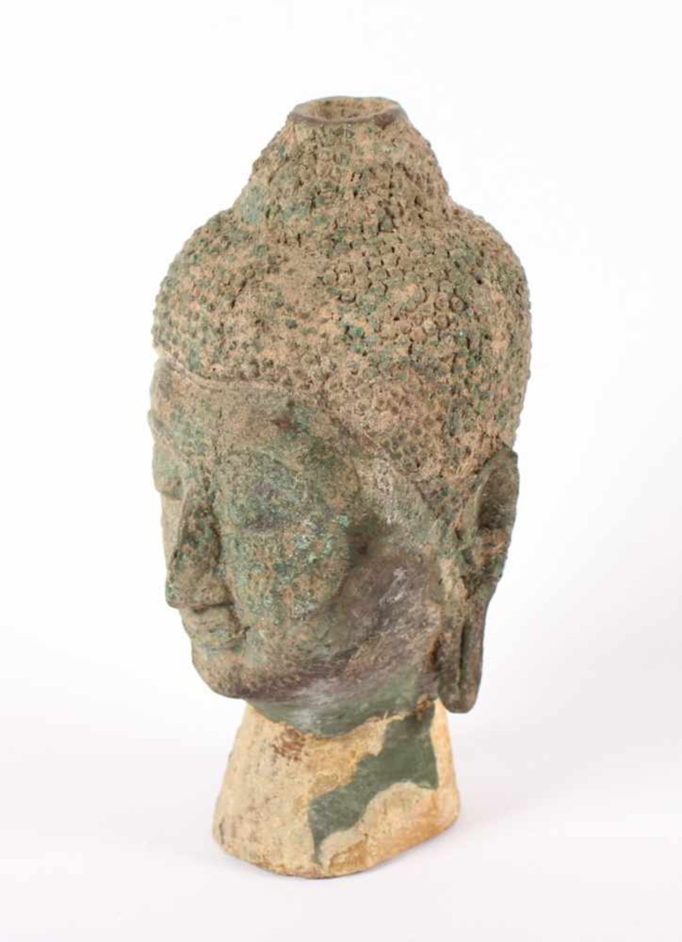 BUDDHA-KOPF, Bronze, kleine Buckellocken, Flammenornament über dem Ushnisha fehlt, H 16, THAILAND, - Bild 2 aus 4
