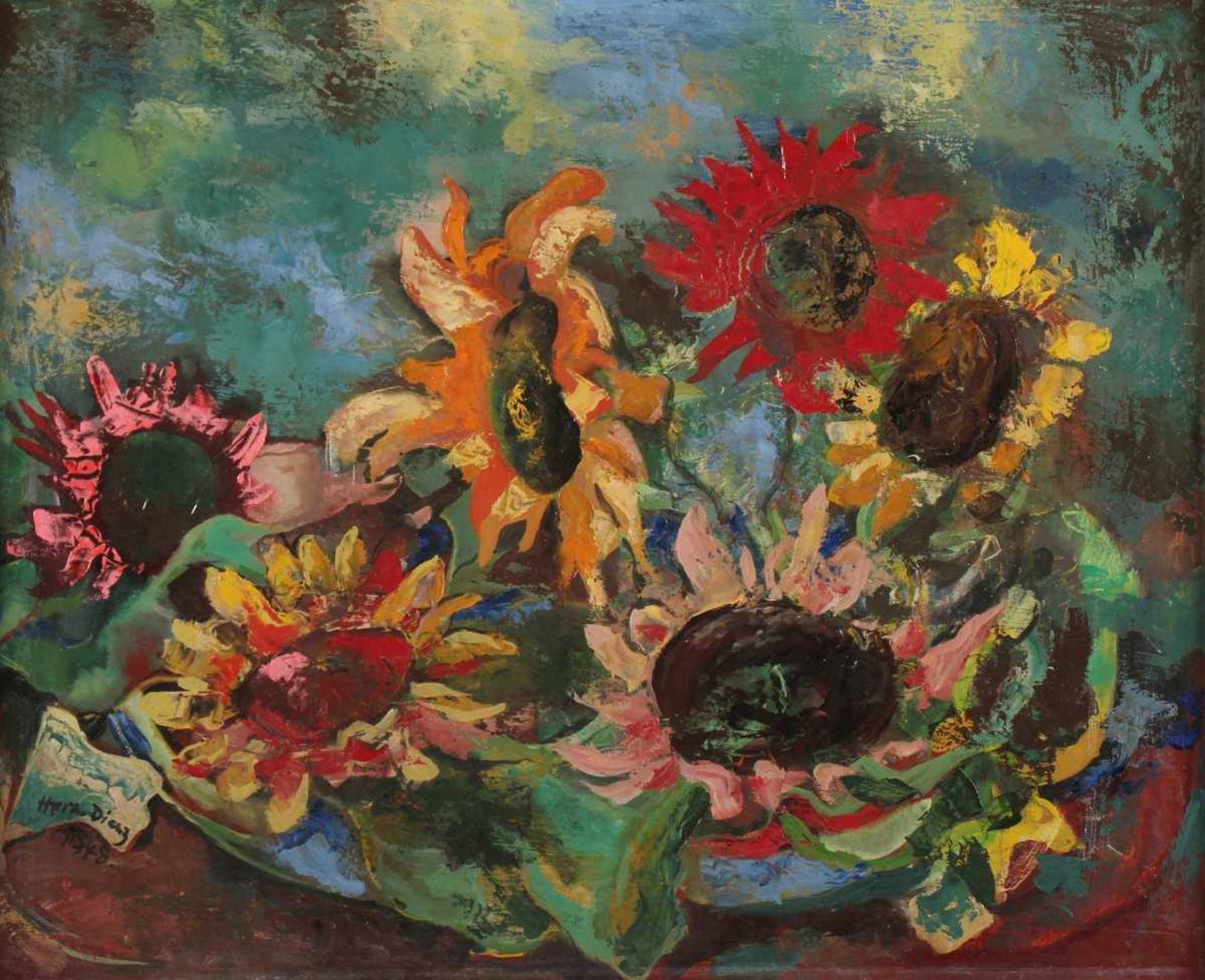 DIENZ, Herm, "Sonnenblumen", Öl/Hartfaser, 50 x 60, unten links signiert und datiert 1948, R. - Image 2 of 2