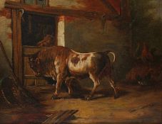 SENSS, R. (Tiermaler E.19.Jh.), "Stier im Stall", Öl/Holz, 20,5 x 27, unten rechts signiert und "