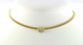 COLLIER, 750/ooo Gelbgold, Schmetterling mit Brillantbesatz, ein Stein fehlt, Rundpanzer, 30,3g, L