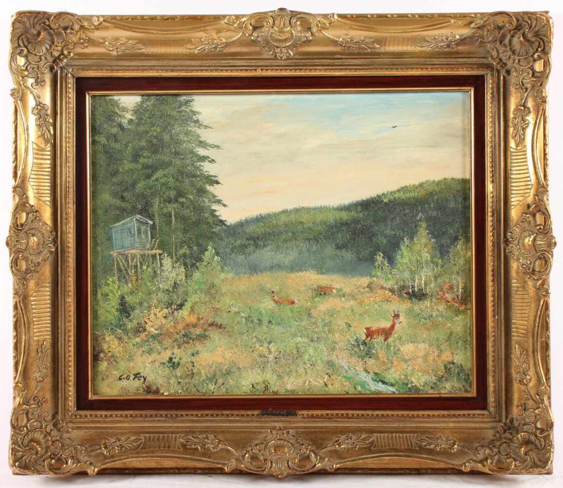 FEY, Carl Otto, "Rehe auf einer Waldlichtung", Öl/Malplatte, 40 x 50, unten links signiert, R.