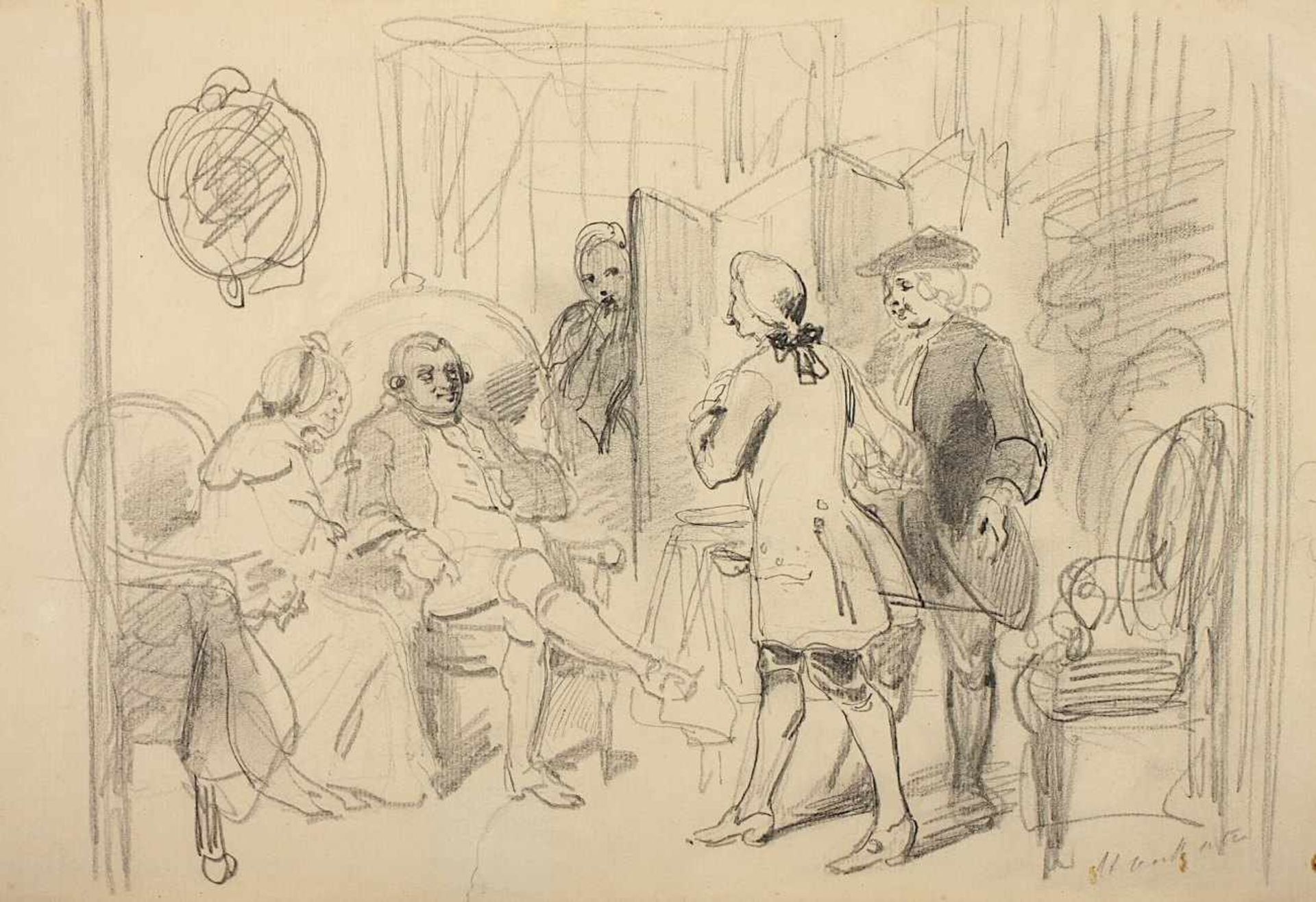 TEN KATE, Johannes Marius (1859-1896), "Der Antrittsbesuch", Bleistift/Papier, 20 x 31, unten rechts
