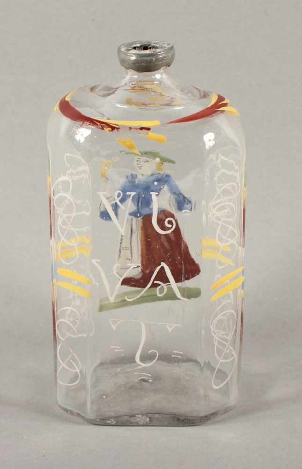 SCHNAPSFLASCHE, farbloses Glas, schauseitig polychrome Emailmalerei und Schriftzug "VIVAT", - Image 2 of 3