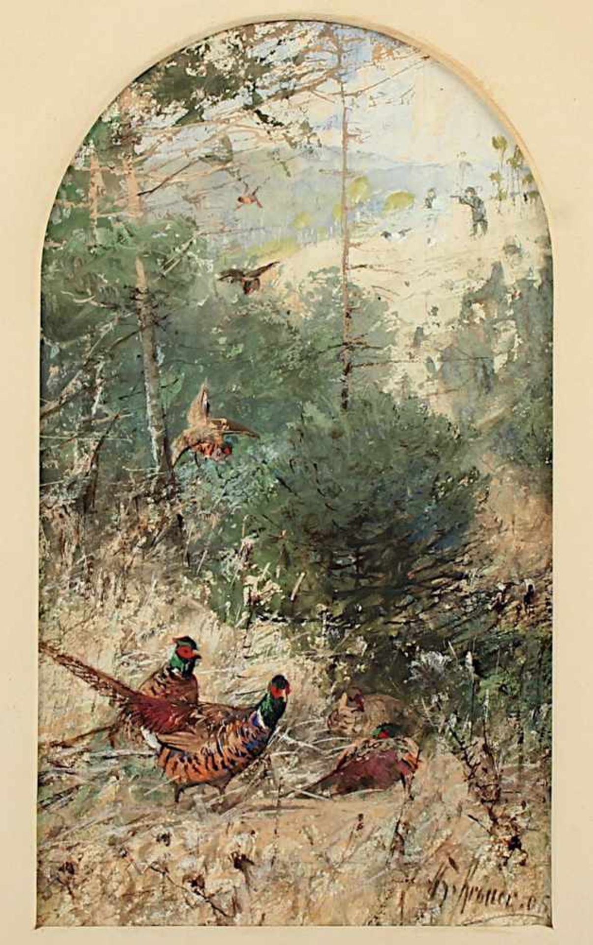 KRÖNER, Johann Christian, "Waldlandschaft mit Fasanenjagd", Aquarell/Gouache/Papier, 24 x 14 ( - Bild 2 aus 2