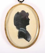 BIEDERMEIER-MINIATUR, Schattenriss einer Dame, Schwarzlot auf Papier, weiß gehöht, auf der Rückseite