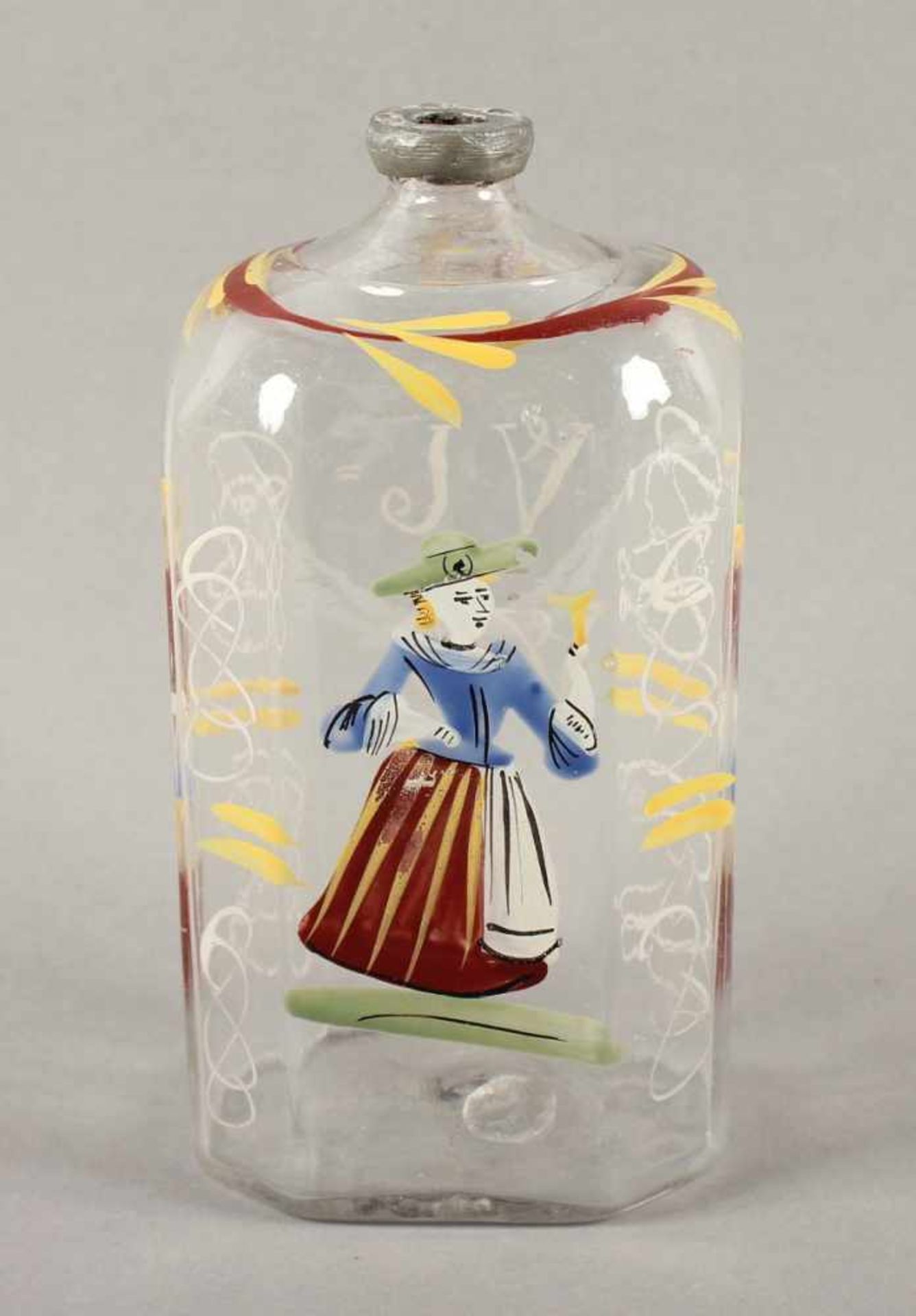 SCHNAPSFLASCHE, farbloses Glas, schauseitig polychrome Emailmalerei und Schriftzug "VIVAT",