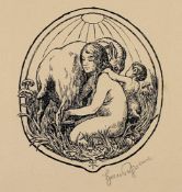 THOMA, Hans, "Mädchen mit Faun und Ziege", Original-Lithografie, Dm 17, handsigniert, R.