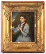 PORTRAITMALER UM 1840, "Bildnis eines Mädchens mit Taube", Öl/Lwd., 21,5 x 16, Originalrahmen