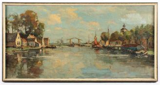 WESSEL, J. van (Niederlande um 1930), "Holländische Dorfansicht mit Brücke", Öl/Lwd., 40 x 80, unten