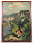 SCHLECHTER, Paul (Dresdener Maler um 1930), "Ansicht aus der Sächsischen Schweiz", Öl/Malkarton,