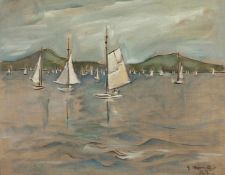 OBERHOFF, Ernst (1906-1980), "Segelboote", Öl/Papier, 22,5 x 28,5 (Passepartoutausschnitt), unten
