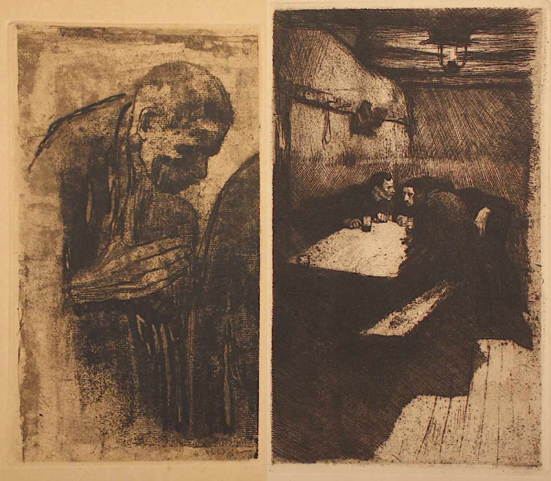 KOLLWITZ, Käthe, zwei Radierungen, "Beratung", aus Ein Weberaufstand/1893, "Der Trauernder", 1919,