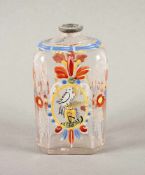 SCHNAPSFLASCHE, farbloses Glas, polychrome Emailmalerei mit Taubendekor, Zinnmontierung, Abriss, H