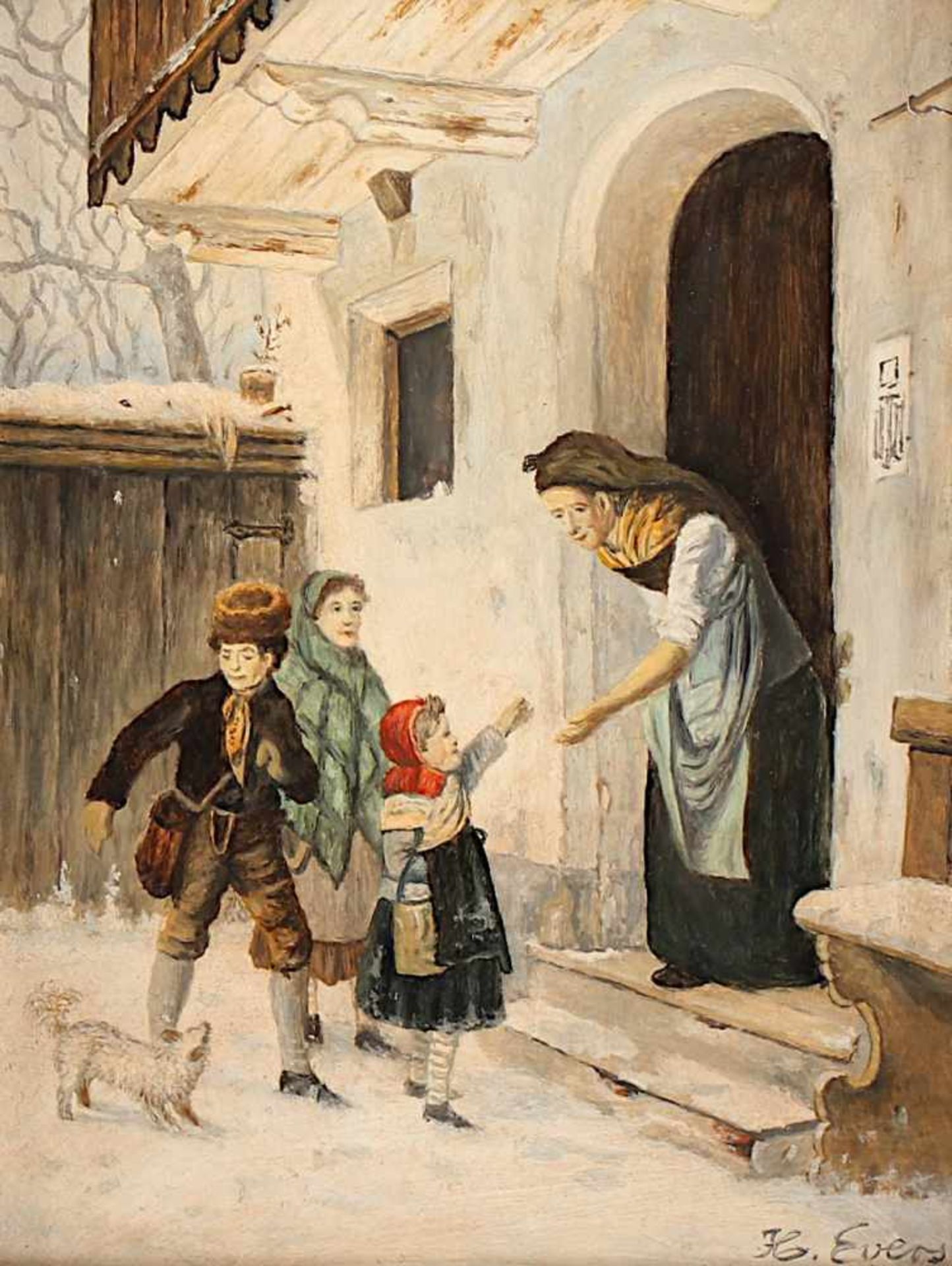 EVERS, Hans (1872-1945), "Kinder vor der Tür", Öl/Holz, 17,5 x 13, unten rechts signiert, R.- - -