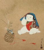 MALEREI "GOSHO NINGYO", Gouache auf Papier, vor einem Blumenkorb sitzend, 24 x 26,8, aufgezogen, auf