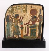 STELE MIT RE, HARACHTE UND MAAT, farbige Malerei auf Holz, nach altägyptischem Vorbild, montiert und