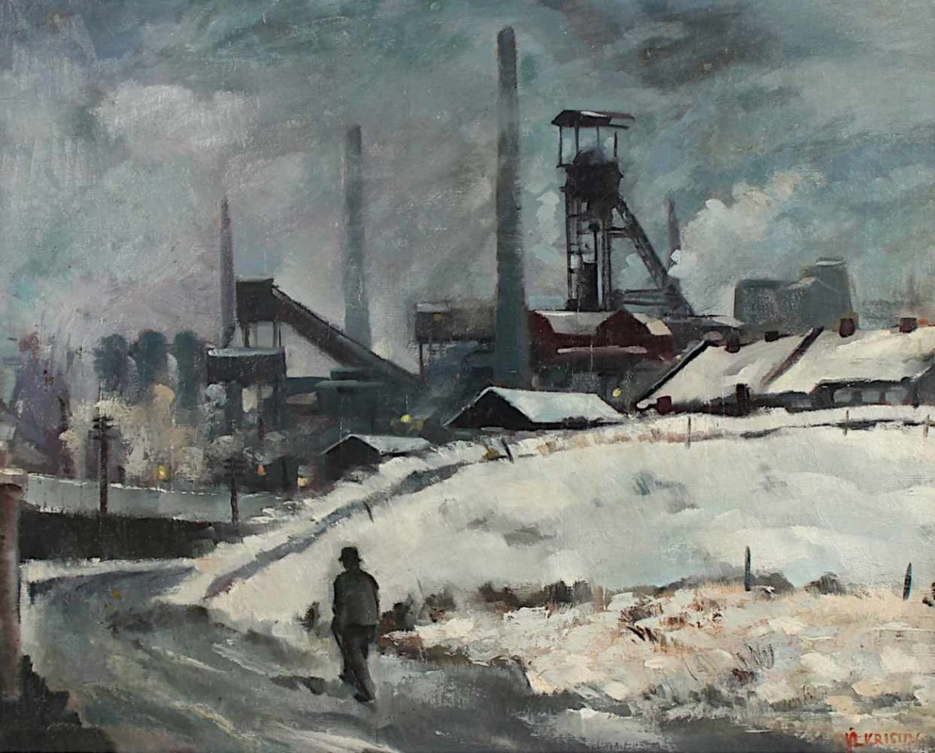 KRISTIN, Vladimir (1894-1970), "Arbeiter vor winterlicher Industrielandschaft", Öl/Lwd., 56 x 70, - Bild 2 aus 4