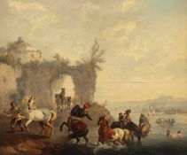 MALER WOHL 19.JH., "Pferdehändler ein einem Flussufer", besch., Öl/Holz, 31 x 38, besch. und