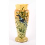 JUGENDSTIL-VASE, farbloses Glas, Vogeldekor in polychromer Emailmalerei auf gelbem Fond, H 29, min.